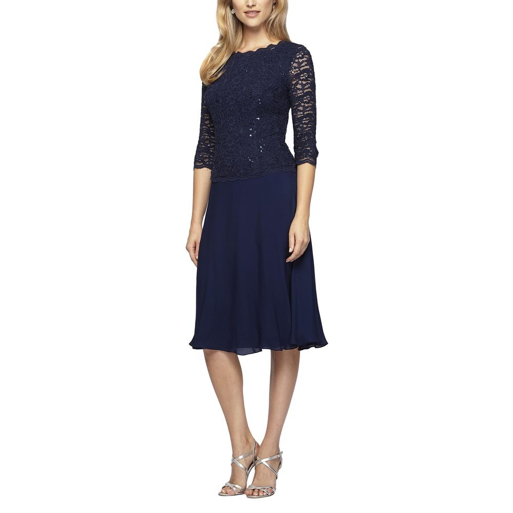 Alex Evenings Women's Tea Length Embroidered Bodice Mother of The Bride Gown 6